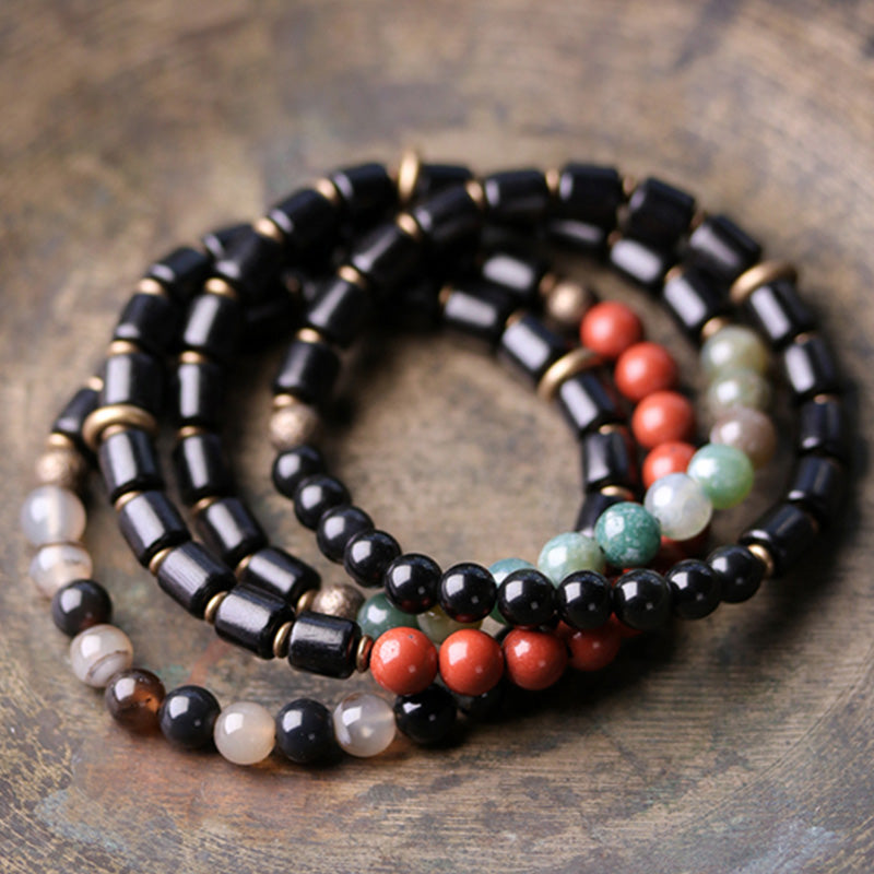 Handmade Ebony Wood & Copper Peace Couple Bracelet with Natural Gemstones