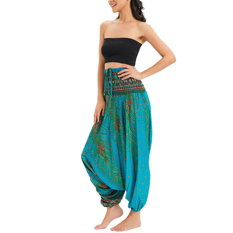 Two Style Wear Peacock Feather Loose Smocked Harem Trousers Jumpsuit High Waist Pants