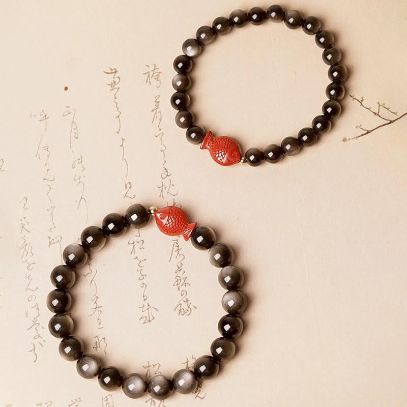 Natural Silver Sheen Obsidian & Cinnabar Koi Fish Beaded Bracelet