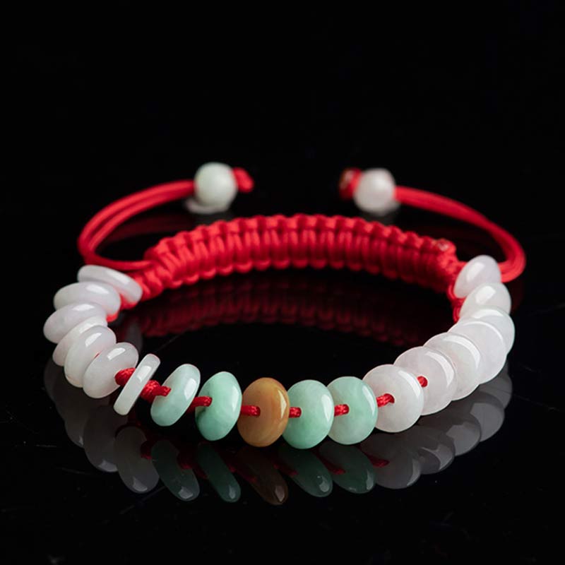 Handmade Round Jade Red String Braided Adjustable Bracelet