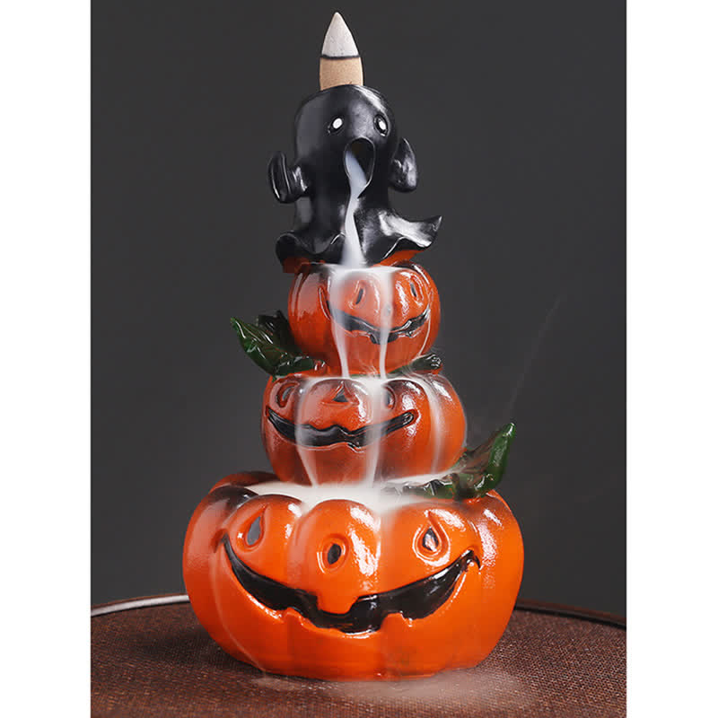 Atmospheric Halloween Pumpkin and Ghost Resin Backflow Smoke Fountain Incense Burner