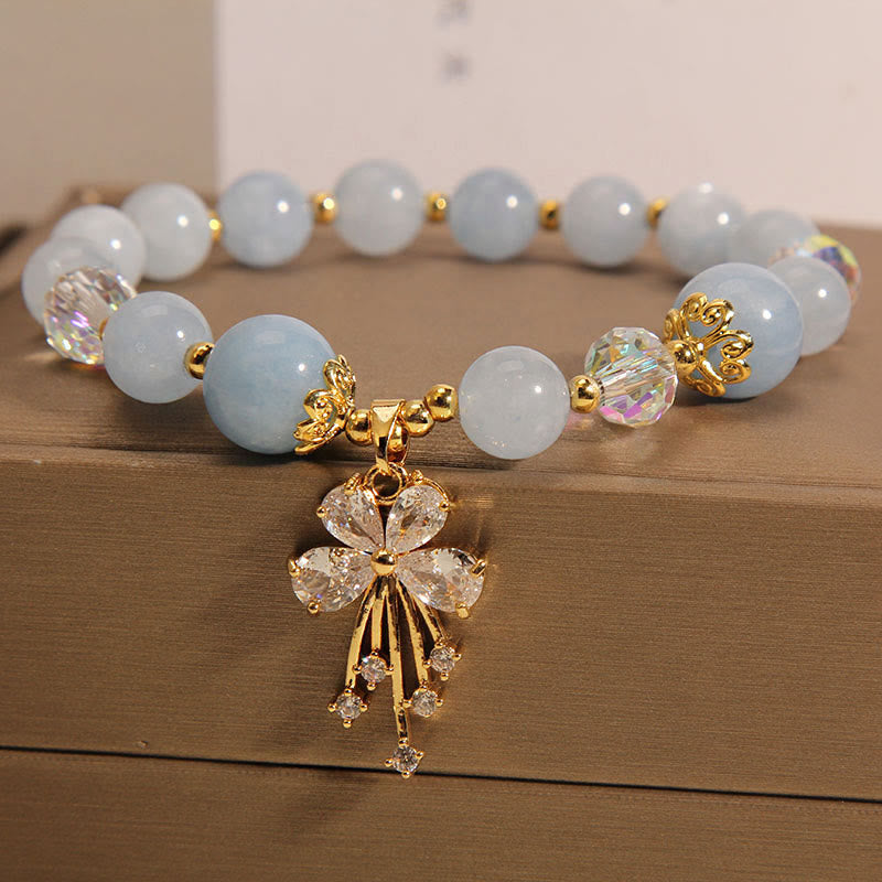 Sparkling Zircon Butterfly Aquamarine and Rose Quartz Gemstone Bracelet