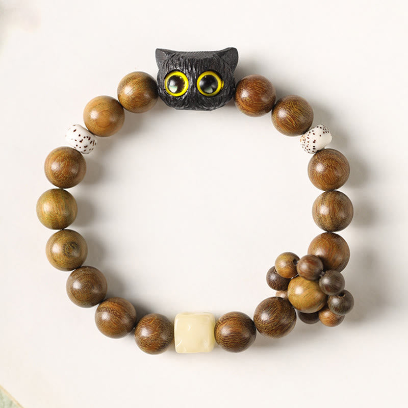 Hand-Carved Green Sandalwood & Ebony Wood Feline Bodhi Seed Beaded Bracelet