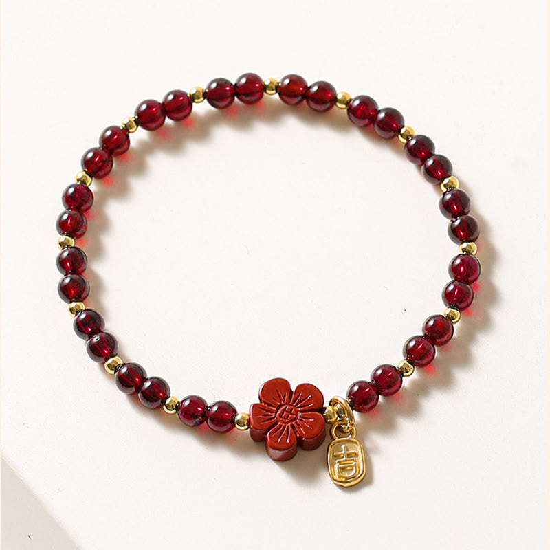 14K Gold Plated Natural Garnet Cinnabar Flower Calm Bracelet