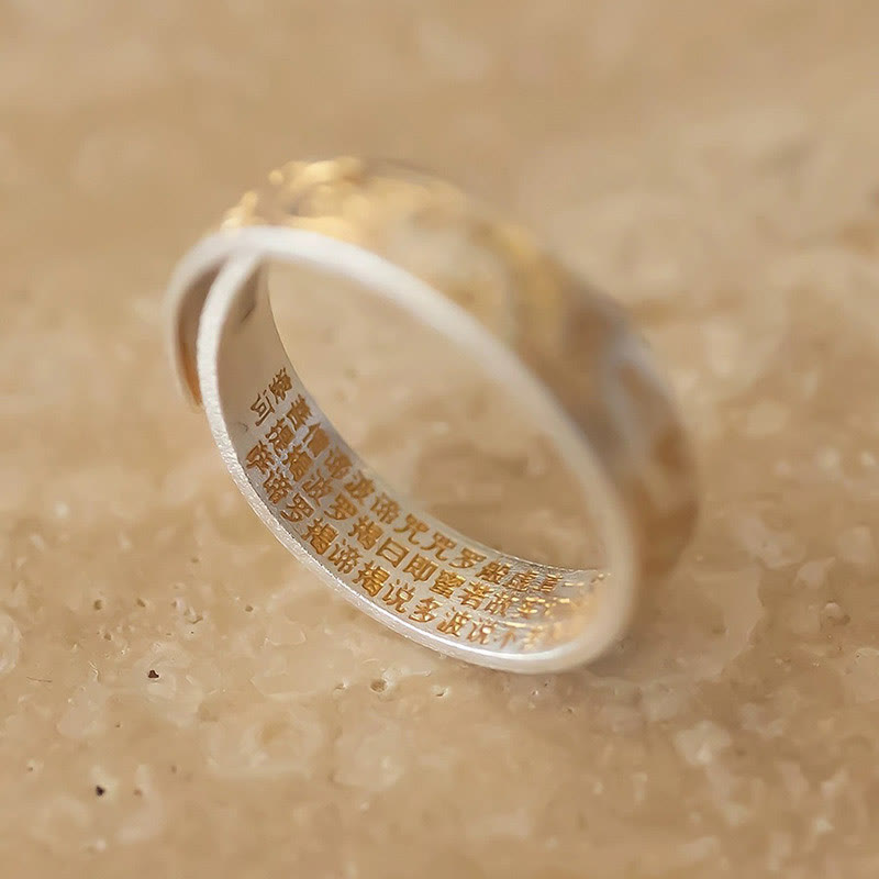 999 Sterling Silver Gold-Painted Joyful Flower Pattern Peaceful Heart Sutra Ring