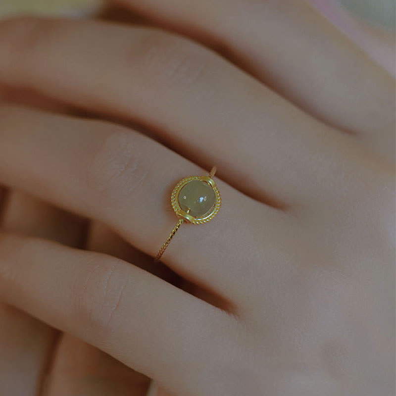 Minimalist 14K Gold Plated Copper Round Jade Adjustable Ring