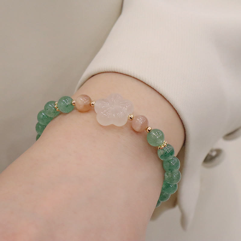 Natural Green Strawberry Quartz and Chalcedony Flower Beaded Bracelet