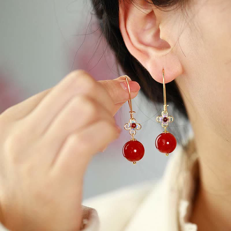 925 Sterling Silver Red Agate Flower Beaded Confidence Earrings