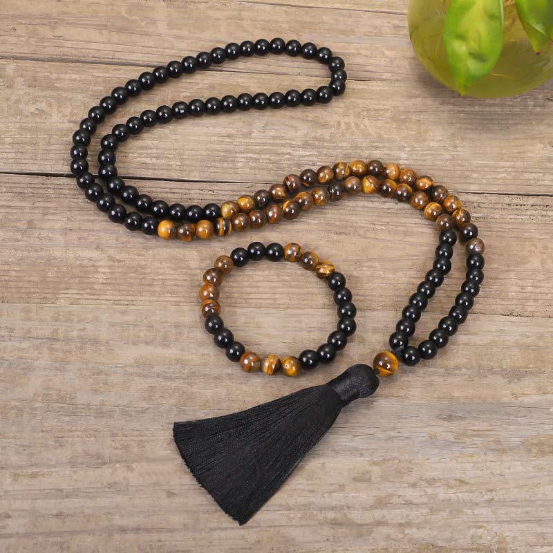 Tibetan Black Onyx Tiger Eye Protection Necklace Mala Set