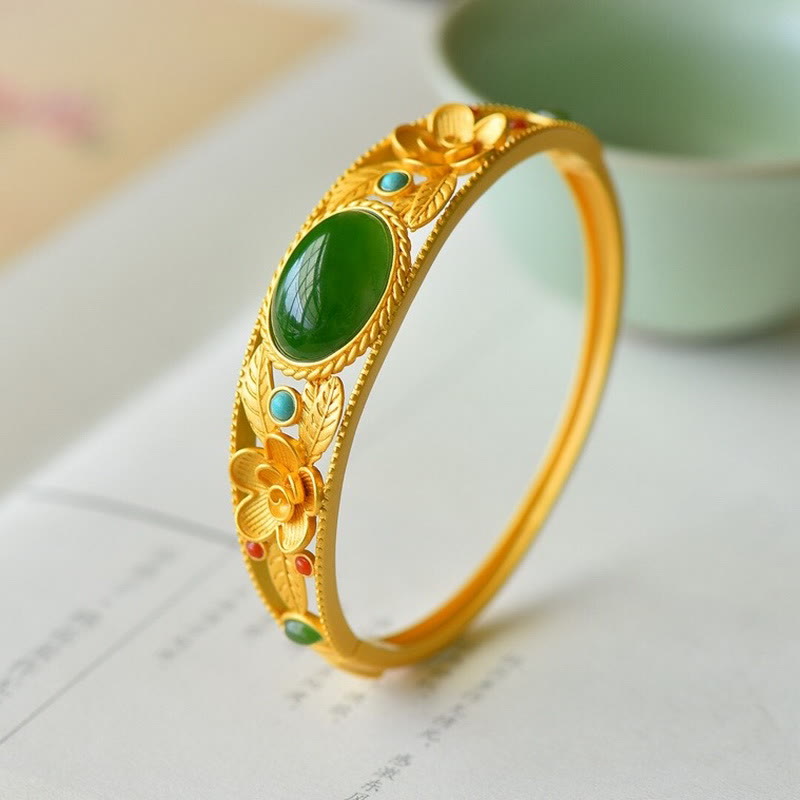 Cyan Jade White Jade Flower Leaf Harmony Luck Bracelet Bangle