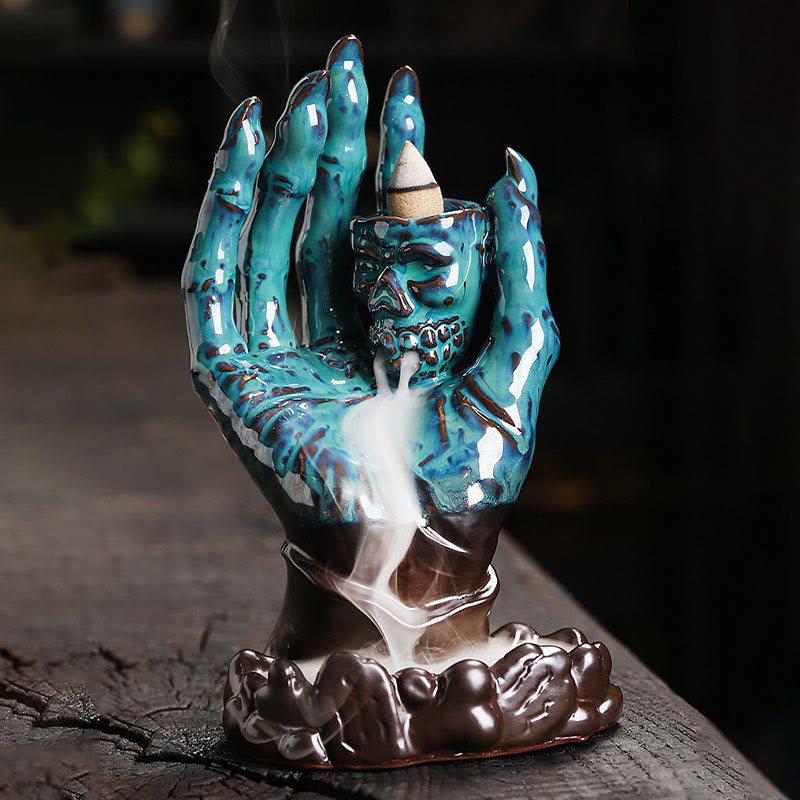 Ceramic Skull and Skeletal Hand Backflow Incense Burner for Atmospheric Meditation