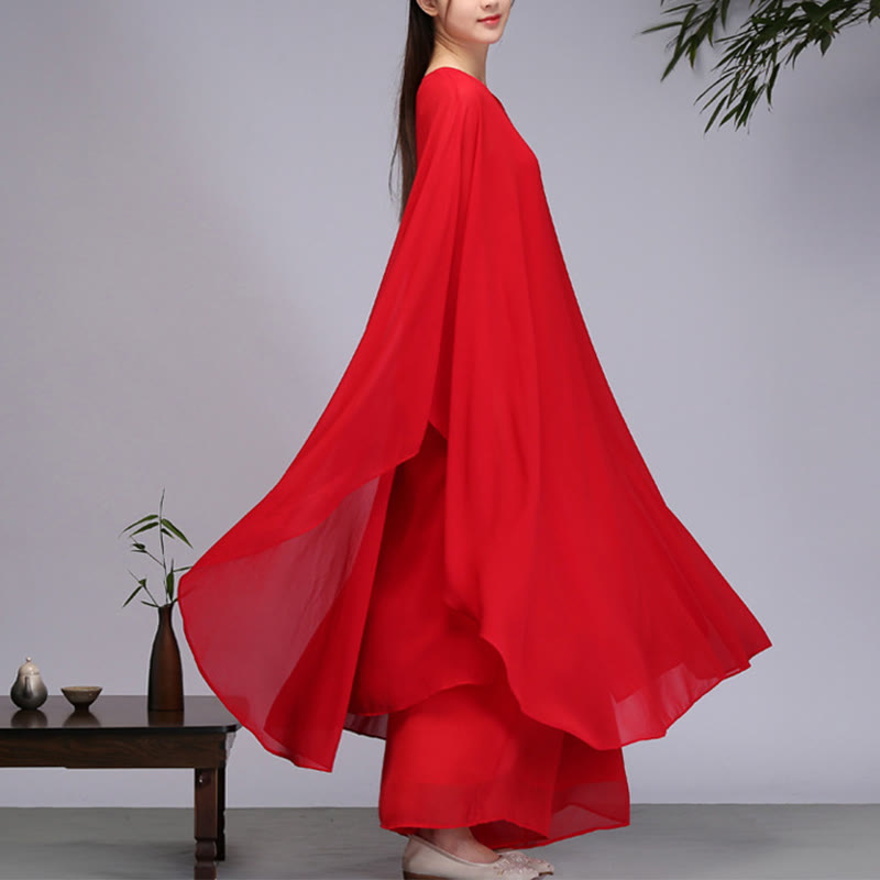 Lightweight Chiffon Flowing Midi Dress and Wide-Leg Meditation Set