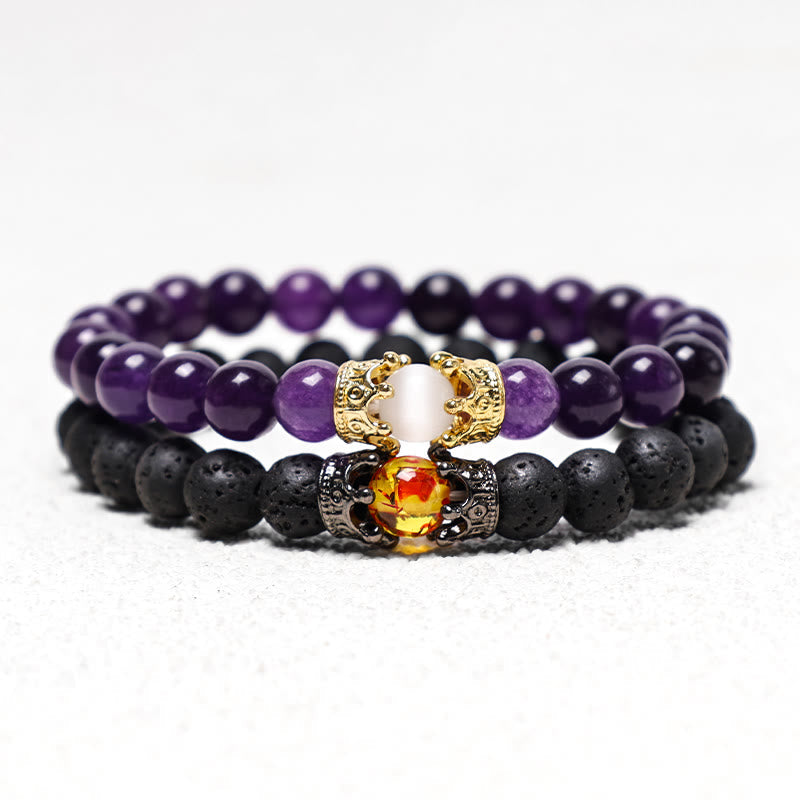 Natural Gemstone Crown Accent Beaded Couple Bracelet Set - Set of 2