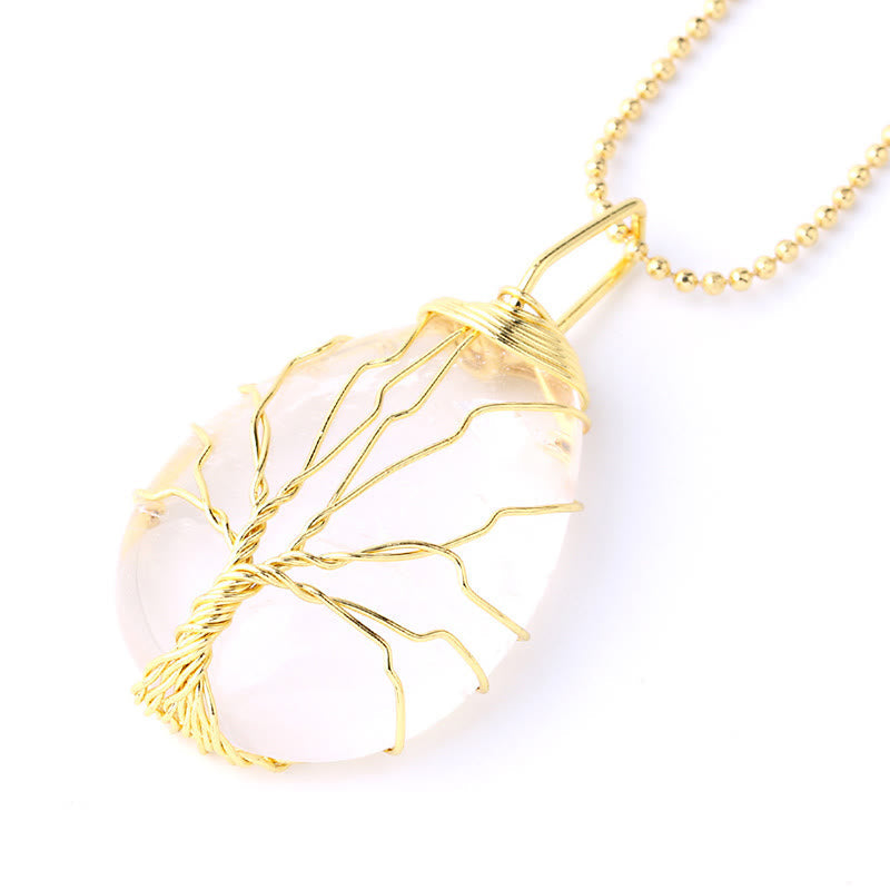 Natural Quartz Crystal Tree Of Life Healing Energy Necklace Pendant