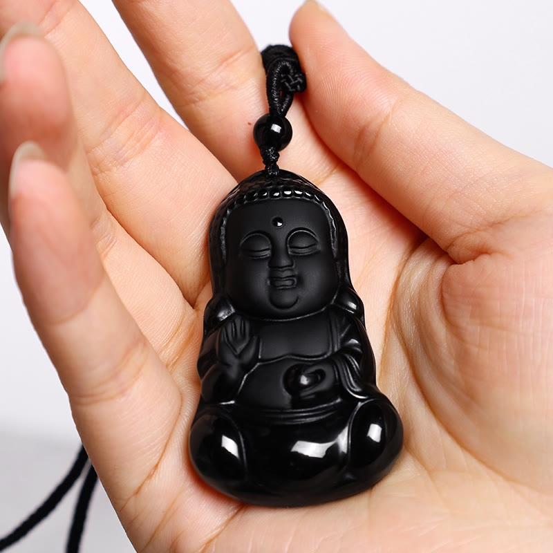 Natural Black Obsidian Crystal Buddha Strength Protection Amulet Lucky Charm Pendant Necklace