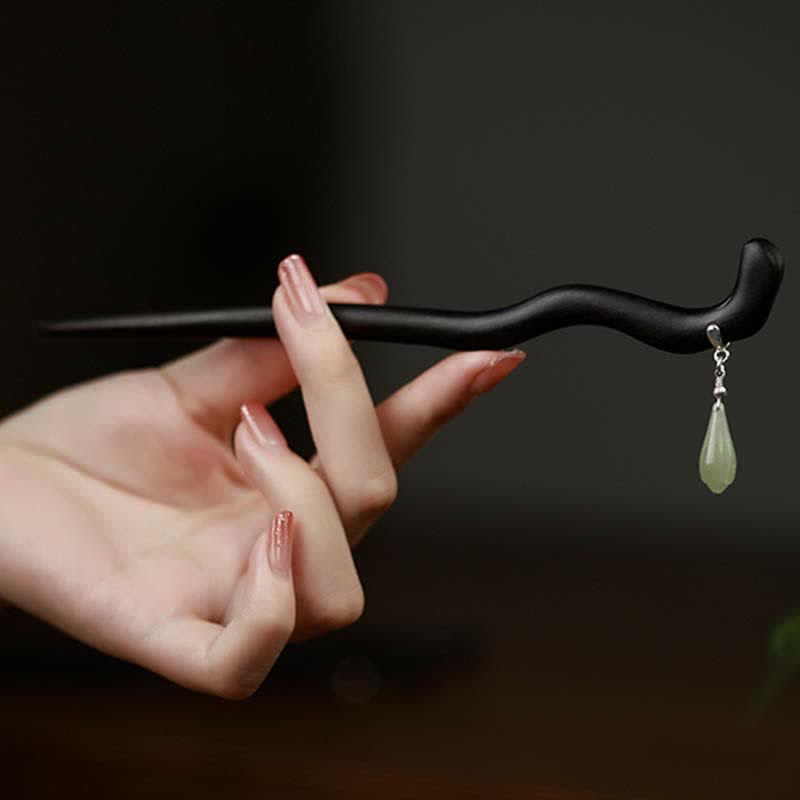 925 Sterling Silver Natural Hetian Jade Ebony Wood Luck Charm Hairpin