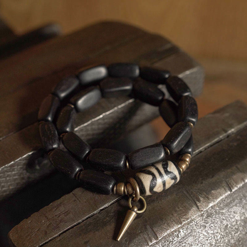 Tibet Ebony Wood Dzi Bead Copper Balance Double Wrap Bracelet