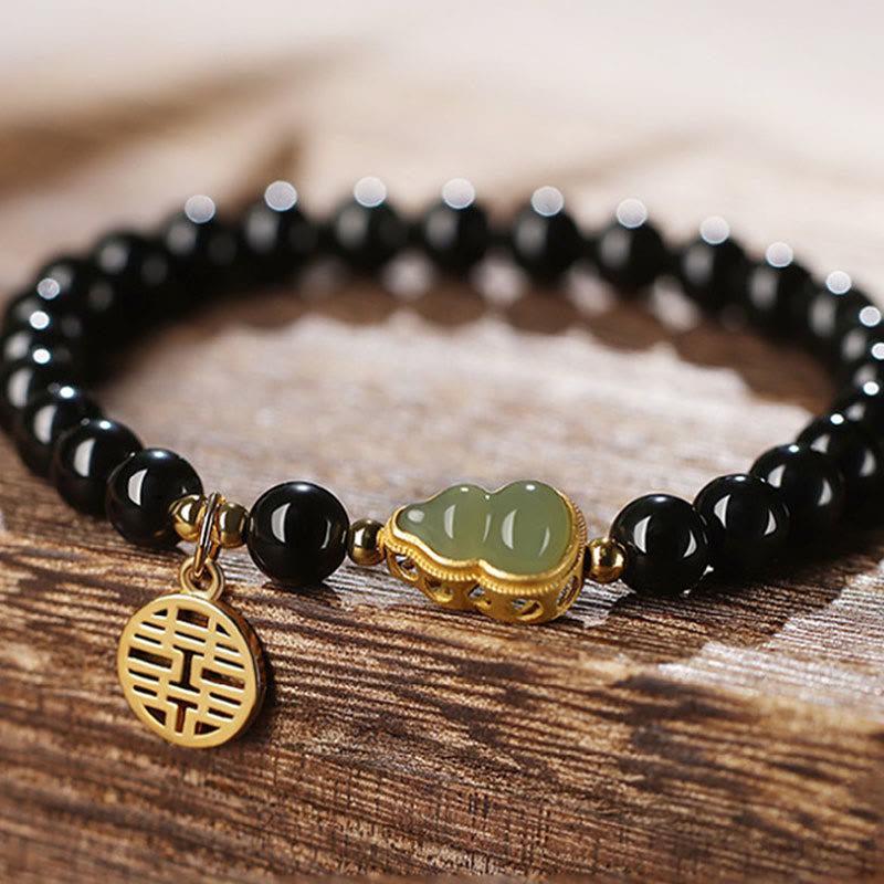 Natural Black Obsidian Hetian Jade Gourd Double Happiness Strength Bracelet