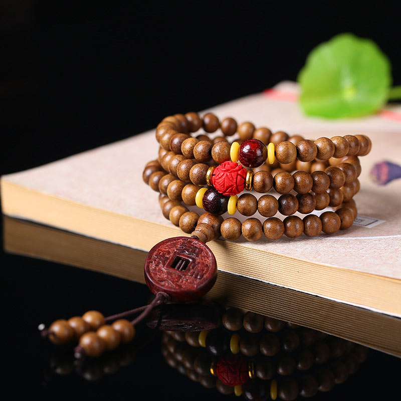 108 Mala Beads Peach Wood Bodhi Seed Lotus Prayer Meditation Bracelet