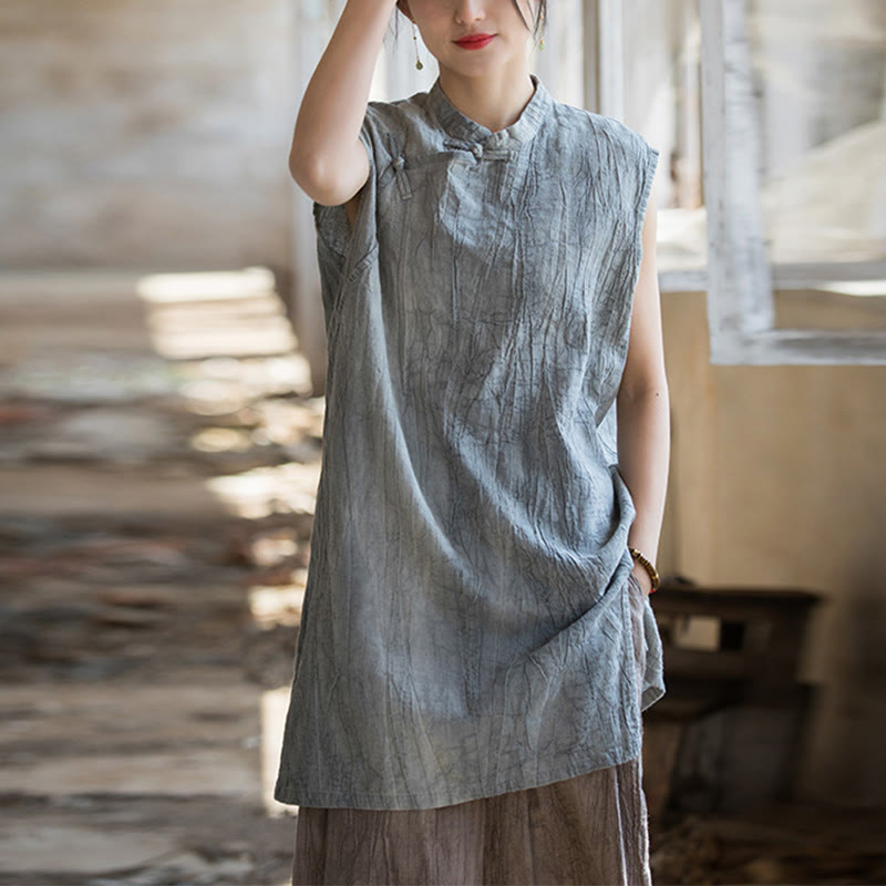 Handmade Tie Dye Ramie Linen Frog-Button Sleeveless Vest
