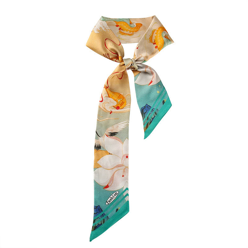 Dunhuang Frescoes Mountains Sunset Floral Pattern 100% Mulberry Twilly Silk Neck Hair Scarf