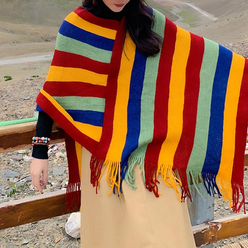 Knitted Striped Tassel Pullover Meditation Shawl Wrap