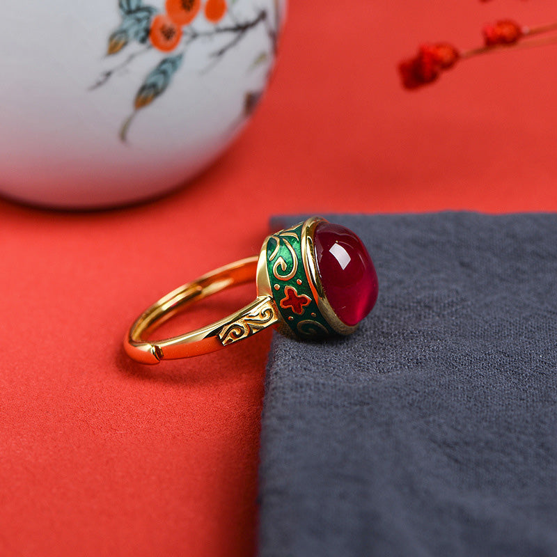 Adjustable 925 Sterling Silver Ruby Ring with Floral & Leaf Motifs