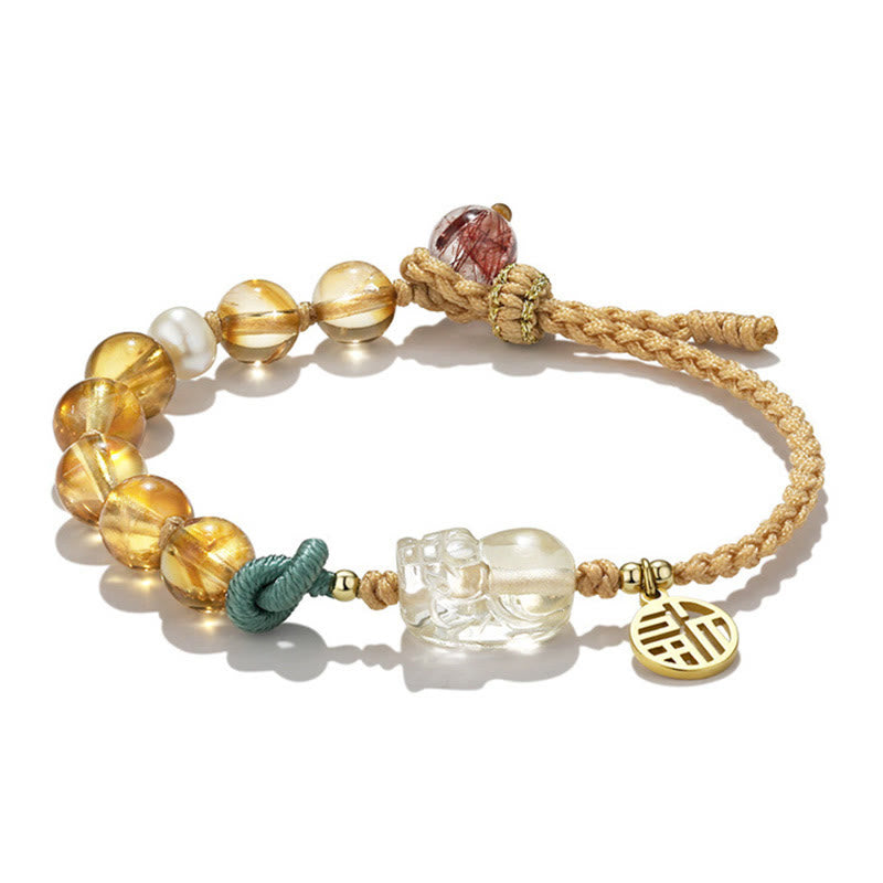 Citrine PiXiu Fu Character Prosperity String Braided Bracelet