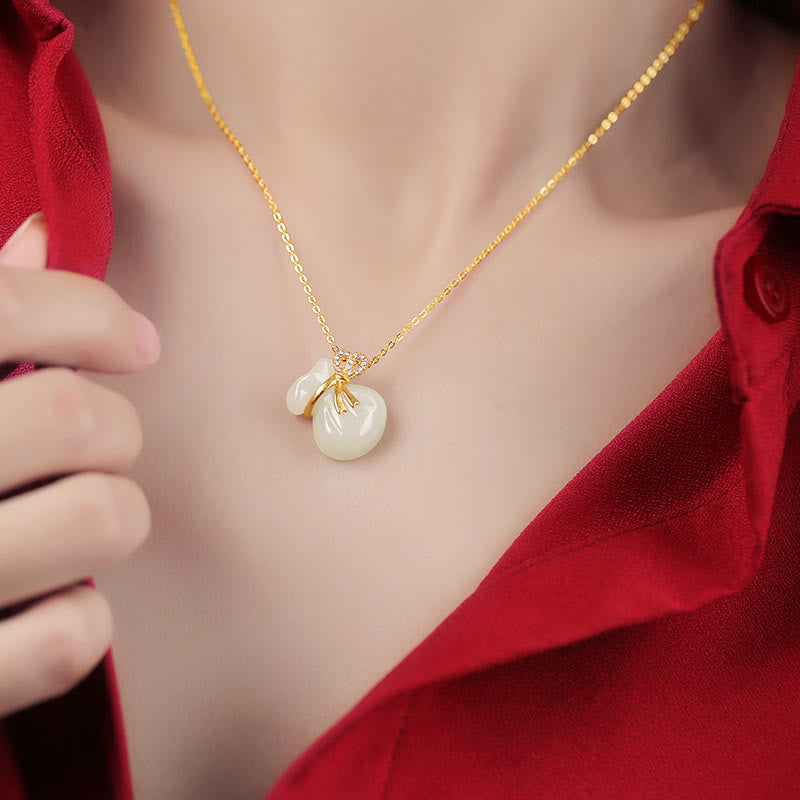 Natural Hetian White Jade Luck Money Bag Necklace Pendant