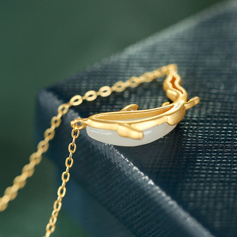 925 Sterling Silver White Jade Dolphin Luck Necklace Pendant