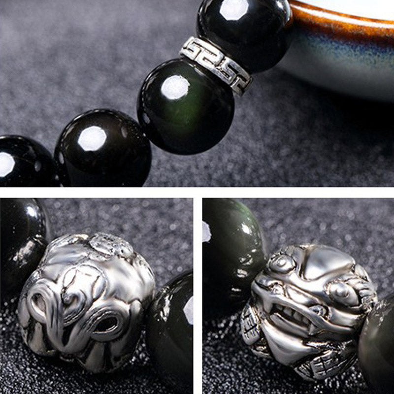 Natural Rainbow Obsidian Beaded Pixiu Symbol Bracelet