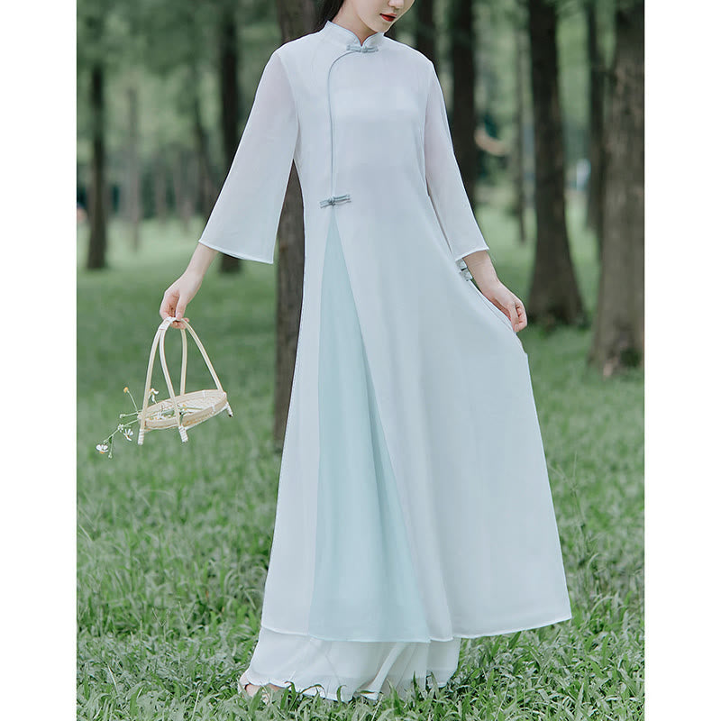 Three Quarter Sleeve Chiffon Cheongsam Midi Dress Wide Leg Pants Meditation Zen Practice Clothing