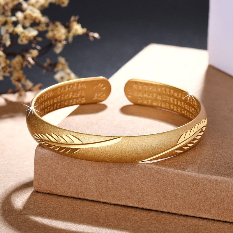 Feather Heart Sutra Engraved Pattern Wealth Copper Cuff Bracelet Bangle