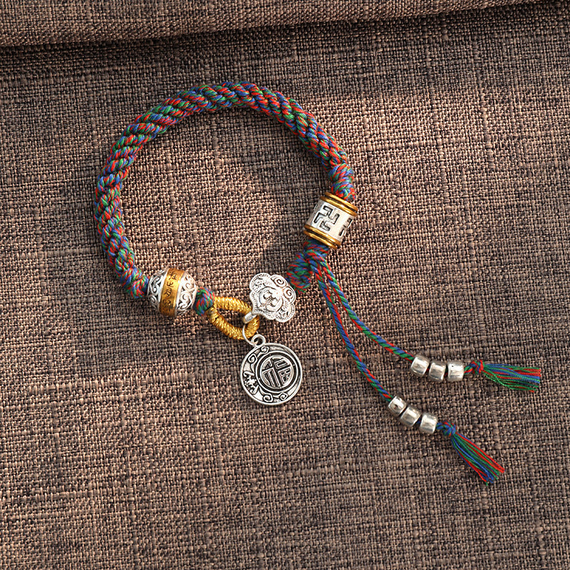 Handmade Tibetan Om Mani Padme Hum Fu Character Luck Fortune Braided Bracelet