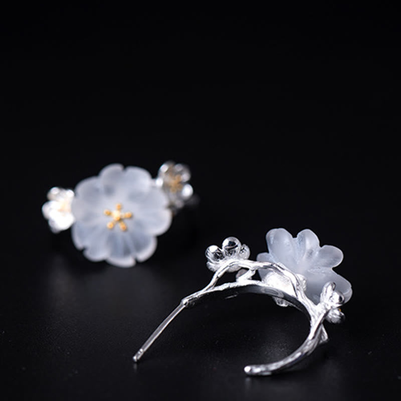 925 Sterling Silver Plum Blossom Floral Clear Quartz Earrings