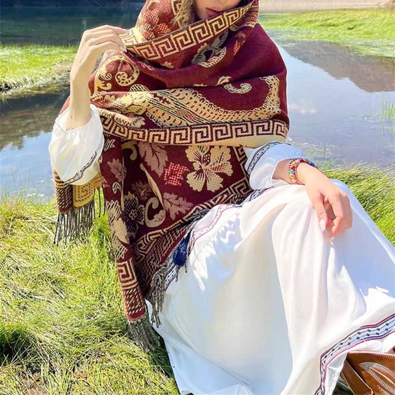 Tibetan Flowers Leaves Pattern Design Shawl Cozy Travel Scarf Wrap