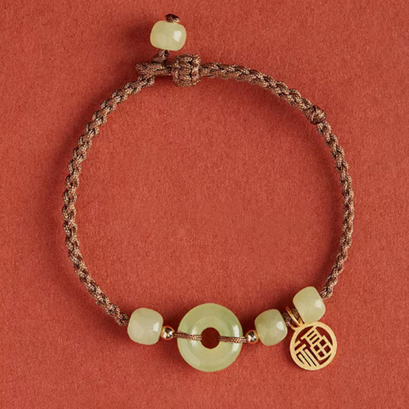 Round Peace Buckle Jade Lotus Happiness Abundance Wealth String Bracelet