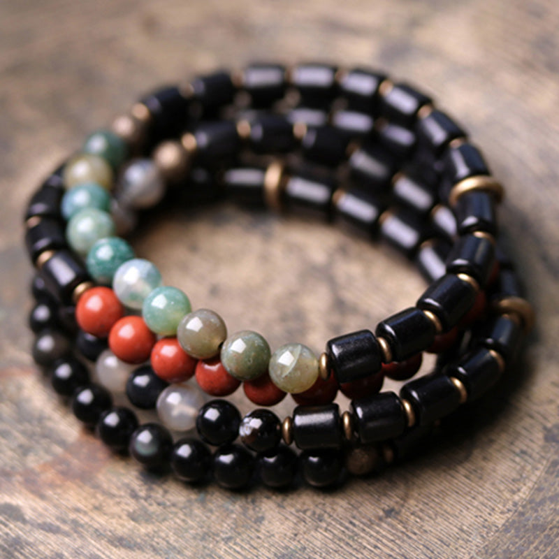 Handmade Ebony Wood & Copper Peace Couple Bracelet with Natural Gemstones