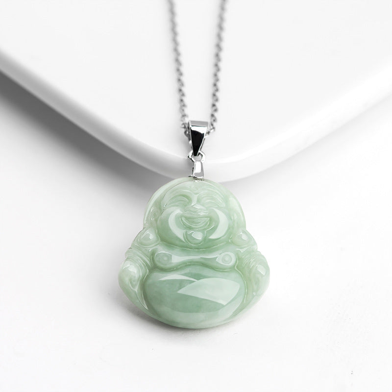 925 Sterling Silver Carved Jade Laughing Buddha Pendant Necklace