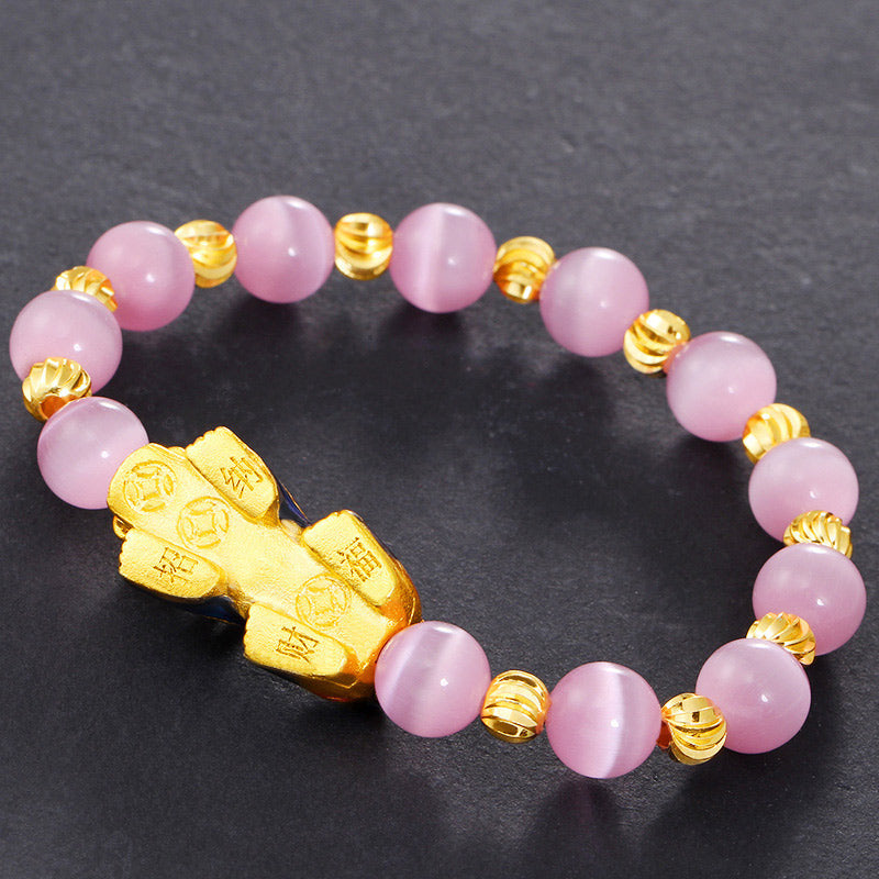 Natural Chrysoberyl Cat's Eye Beaded Bracelet with Pixiu Symbol
