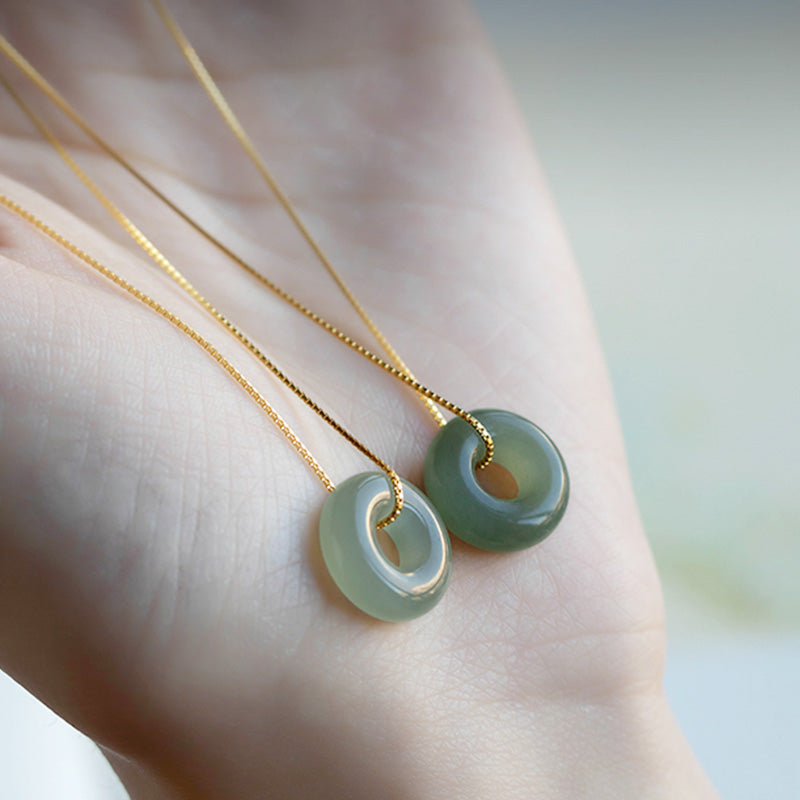 Natural Round Jade Ping An Kou 925 Sterling Silver Gold Plated Pendant Necklace
