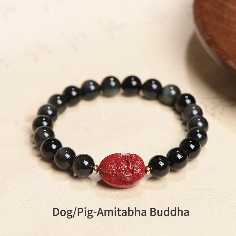 Chinese Zodiac Natal Buddha Natural Black Obsidian Cinnabar Purification Bracelet (Extra 35% Off | USE CODE: FS35)