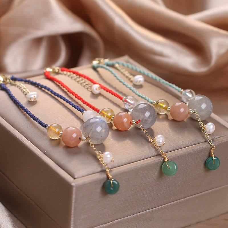 Multi-Gemstone Rope Bracelet with Moonstone, Sunstone, Hetian Jade & Ping An Kou Charm