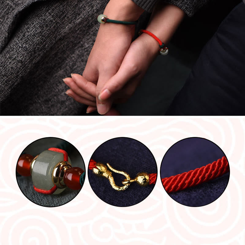 Handmade Tibetan Green Aventurine & Red Agate 14k Gold Red String Braided Bracelet