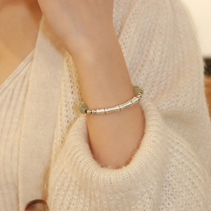 925 Sterling Silver Natural Hetian Jade Bamboo and Fu Character Resilience Bracelet