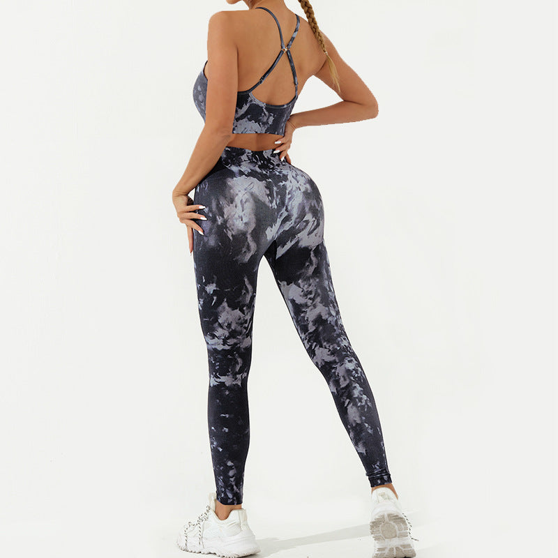 2Pcs Camo Print Backless Criss-Cross Strap Top Bra Shorts Leggings Pants Fitness Yoga Outfit Set