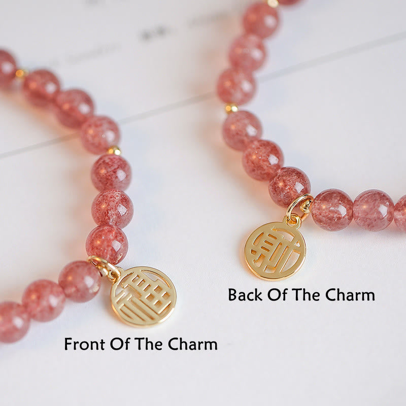 14K Gold Plated Strawberry Quartz Fu Character Healing Charm Bracelet