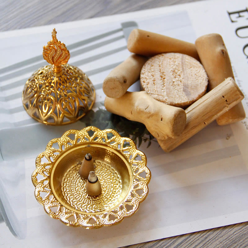 Mini Gold Alloy Buddha Incense Burner with Protective Wooden Coaster