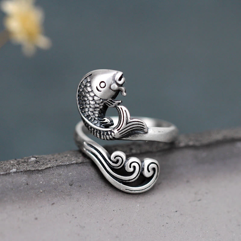 925 Sterling Silver Koi Fish Water Ripple Adjustable Ring