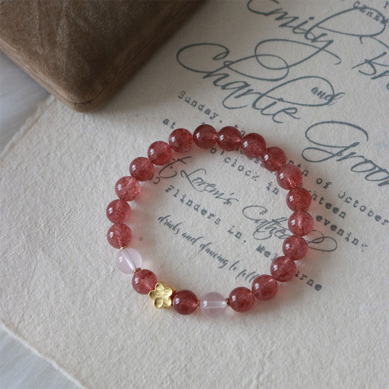 Natural Strawberry Quartz Peach Blossom and Pixiu Energy Bracelet